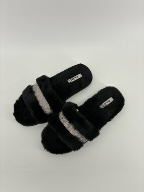 ALDO Black Faux Fur Slide Slippers with Embellished Band
